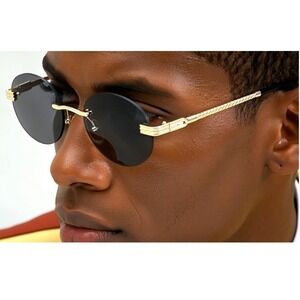 Rimless Sunglasses Oval Lens Gold‎ Frame Fashion Trendy Style Street Wear Migos
